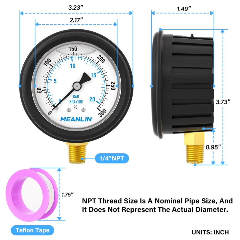MEANLIN MEASURE 0~300Psi Stainless Steel Liquid Filled Pressure Gauge 1/4"