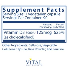 Vital Nutrients Vitamin D3 | 5000 IU | Vitamin D Supplement to Support Calcium Absorption and Bone Health | Gluten, Dairy and Soy Free | 90 Capsules