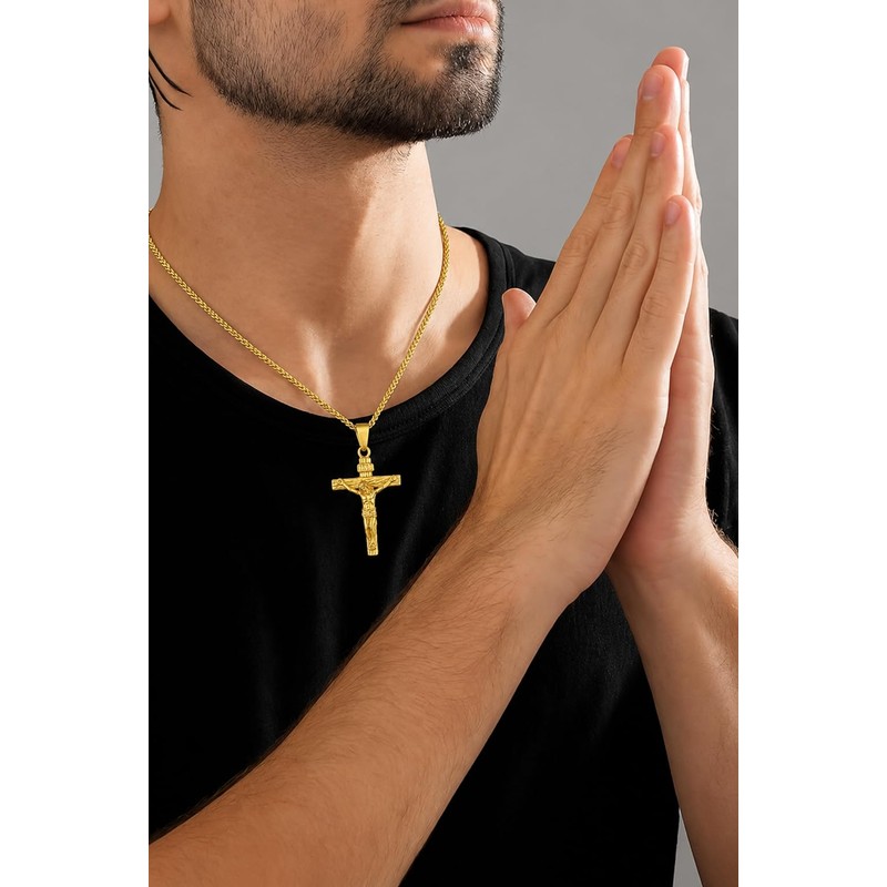 LiteVibe 14K Gold Rope Chain Crucifix Style Cross Pendant Necklace
