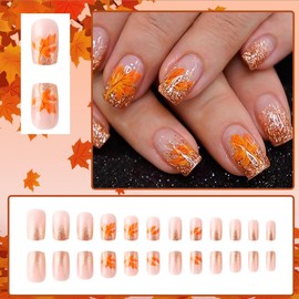 24Pcs Glitter Thanksgiving Press on Nails Orange Glitter Short Square Fake Nails with Glue Maple Leaf Glue on Nails Reusable Full Cover Acrylic Nails for Women Autumn Nail Art Supplies