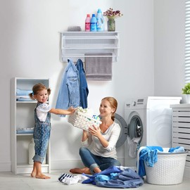 Danya B Accordion Clothes Drying Rack, Retractable, Wall Mounted Towel Rack and Hooks for Clothes and Towels for use in Laundry Room or Garage (White)