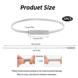 Sopoloray 1Pcs Women's Skinny Metal Waist Belt,Elastic Rhinestone Chain Belt for Dresses,Adjustable Shiny Silver Waistband for Wedding,Party,Formal,Casual Outfits