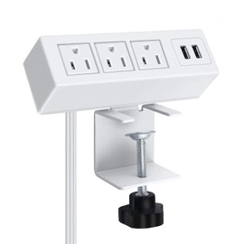 3 Outlet Desk Clamp Power Strip with USB Ports, White Desktop Power Strip Surge Protector 1200J. Desk Mount Charging Power Station, on Desk Edge Power Outlet 125V 12A 1500W.