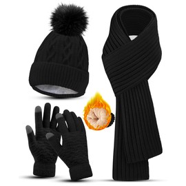 Winter Beanie Hat Scarf Gloves Set for Women, Womens Beanie with Long Scarf Neck Warmer Touchscreen Gloves 3 in 1 Set (Black)