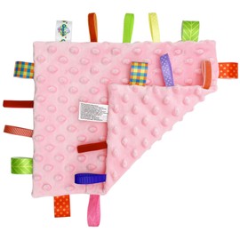 Baby Comforter Blanket Taggies Blanket with Ribbons Tag Blanket, Soft Touch Taggy Blanket Security Blanket for Newborn Boy or Girl(Pink)