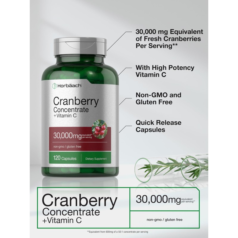 Horbäach Cranberry Concentrate Extract Pills + Vitamin C | 30,000mg