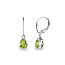 Sterling Silver Peridot 7x5mm Teardrop Bezel-Set Dainty Dangle Leverback Earrings for Women