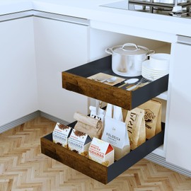 ToBeAce Pull Out Cabinet Organizer 13.4" Deep Adhesive Slide Out Cabinet Drawer Peel Stick Pull Out Shelf Drawer for Kitchen Pantry Bathroom Solid Panel with Wooden Front (Black 1 Pack 12.2" Wide)