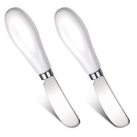 Ptwola Stainless Steel Butter Spreader Knife 2 Pack Cheese Butter Knife Set Porcelain Handle Small Spread knife Comfortable Wide Blade Cream Shaver 5.3 Inch Mini for Kitchen Peanut Dish Curler