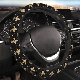 Black Fleur De Lis Steering Wheel Protective Cover Car Universal, 15-Inch Thicken Steering Wheel Grip Cover for SUV, Van, Car, Car, Truck