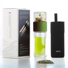 Ukiyo Sense Premium Double-Wall Glass Tea & Fruit Infuser Bottle - Travel Tumbler with Stainless Steel Filter and Neoprene Sleeve