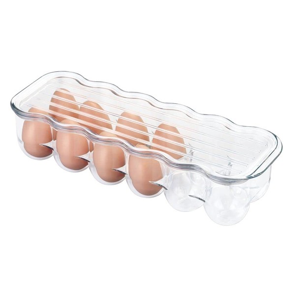 mDesign Stackable Plastic Covered Egg Tray Holder, Storage Container and Organizer for Refrigerator - Dozen-Section Carrier Bin with Lid and Handle - Holds 12 Eggs - Clear
