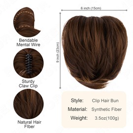 PORSMEER Messy Bun Hair Piece,Claw Clip in Short Straight Ponytail Extension with Bendable Metals Hairpieces for Women DIY Style Natural Looking Synthetic Fake Pony-Brown,8 inch