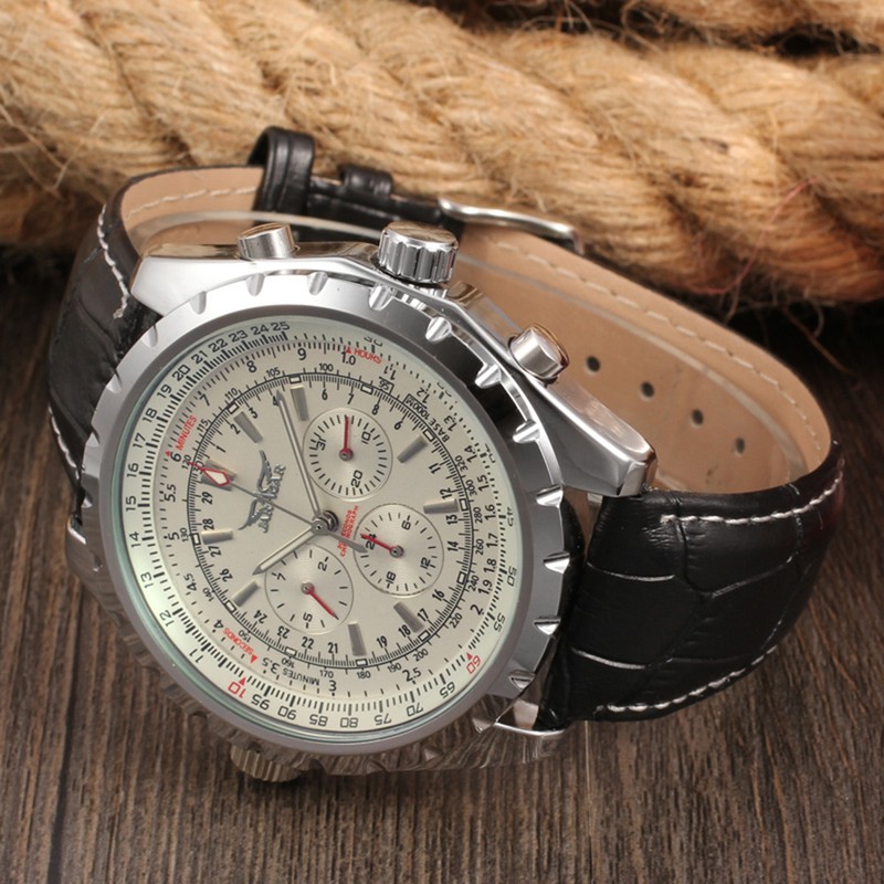 Men's Automatic Mechanical Watch with Leather Strap Fashion Wristwatch Calendar