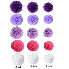 15 Pcs Paper Flowers, 3 Sizes, 7.9 inches (20 cm), 9.8 inches (20 cm), 9.8 inches (25 cm), 11.8 inches (30 cm), 5 Colors Combination, Decoration, Party Decoration, Festival, Event Decoration, Home Decor (Purple)