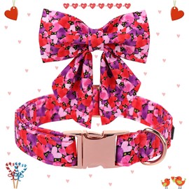 Maca Bates Valentine’s Day Sweet Heart Dog Collar with Bow Bowtie for Dogs Sailor Bow Tie Adjustable Breakaway Red Collars Accessories Gift for Small Medium Large XL Puppy with Golden Metal Buckle
