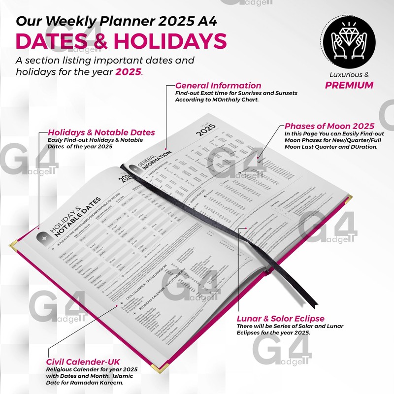 G4GADGET 2025 A4 Week To View Pink Diary Week On