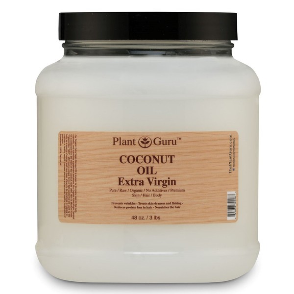 Plant Guru Coconut Oil Extra Virgin Body Butter 3 lb Bulk 100% Pure Raw Unrefined Natural Cold Pressed. For Skin, and Hair Growth Moisturizer. DIY Creams, Lip Balm, Lotions, Soap Making
