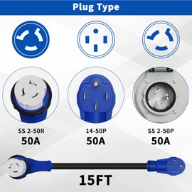 Gloppers 50 Amp Generator Cord and Power Inlet Box 15FT 125V/250V 6/3 AWG+8/1 AWG,STW Pure Copper Generator Extension Cord NEMA 14-50P to NEMA SS 2-50R 135Degree Twist Lock Connector ETL Listed