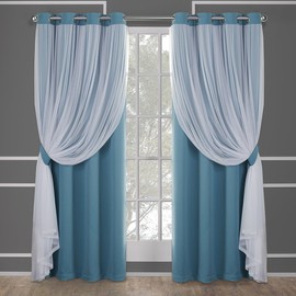 TOWN & COUNTRY LUXE Talia Double Layer Indoor Curtains, Sheer and Room Darkening Blackout, Grommet Top, Energy Efficient, 2-Pack Set, 52"x84", Turquoise