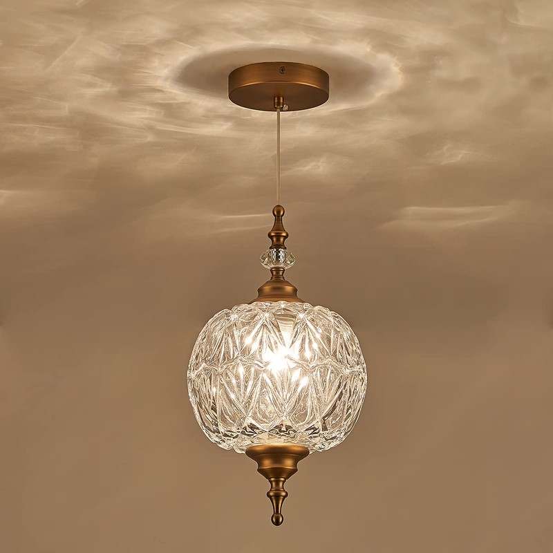TLOLGT Modern Brass Pendant Light Antique Delicate Decorative Pattern Glass