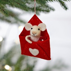 Adorable Needle Felted Christmas Ornament | Free-Standing or Hanging Decoration | Festive Christmas Decor (Mouse in Sweetheart Envelope, One Size)