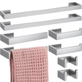 Gisafai 8 Pieces Bathroom Hardware Accessories Set Towel Bar Towel Holder Robe Hook Toilet Paper Holder Brushed Stainless Steel Modern Towel Bar Set Wall Mounted (Silver)