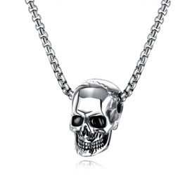 Skull Necklace, Cool, Black, Skull Pendant, Stainless Steel, Hypoallergenic, Chain Included, Skull Necklace, Hip Hop Rock Style, Accessory (Skeleton Silvery)