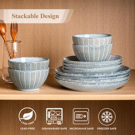 Ceramic Dinnerware Sets GBHOME, Handmade Reactive Glaze Plates and Bowls Sets, Chip and Scratch Resistant Dishes| Dishwasher & Microwave Safe | Dishware Service for 4(12pcs)