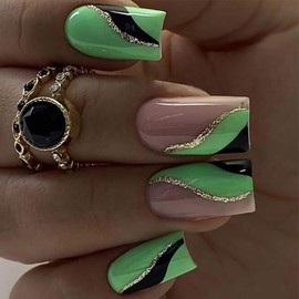Press on Nails Medium Square Green Ripple False Nails Artificial Acrylic Nails Gold Foil Stripe Design Fake Nails Full Cover Glossy Reusable Coffin Nails Glue on Nails for Women 24Pcs