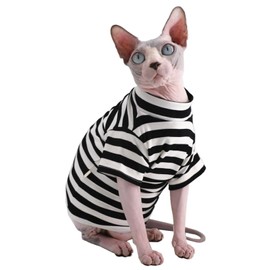 Sphynx Hairless Cat Red Stripe Breathable Summer Cotton T-Shirts Pet Clothes,Round Collar Vest Kitten Shirts Sleeveless, Cats & Small Dogs Apparel (M (4.4-5.5 lbs), Black Stripe)
