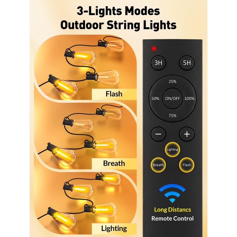 65ft-Solar-String-Lights-Outdoor-Waterproof-Solor-Powered-Patio-Light-Hanging-Outside-Backyard-Camping-Yard-Gazebo-Garden-Pergola-Bistro-Balcony-Cafe-Party-Fence-Lighting-LED with Edison Bulb & Remote