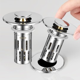 New Upgrade Bathroom Sink Drain Strainer, Pop-up Odor and Insect Proof Bathroom Sink Stopper Replacement, Sink Drain Strainer with Removable Stainless Steel Strainer Basket Hair Catcher(2PCS)