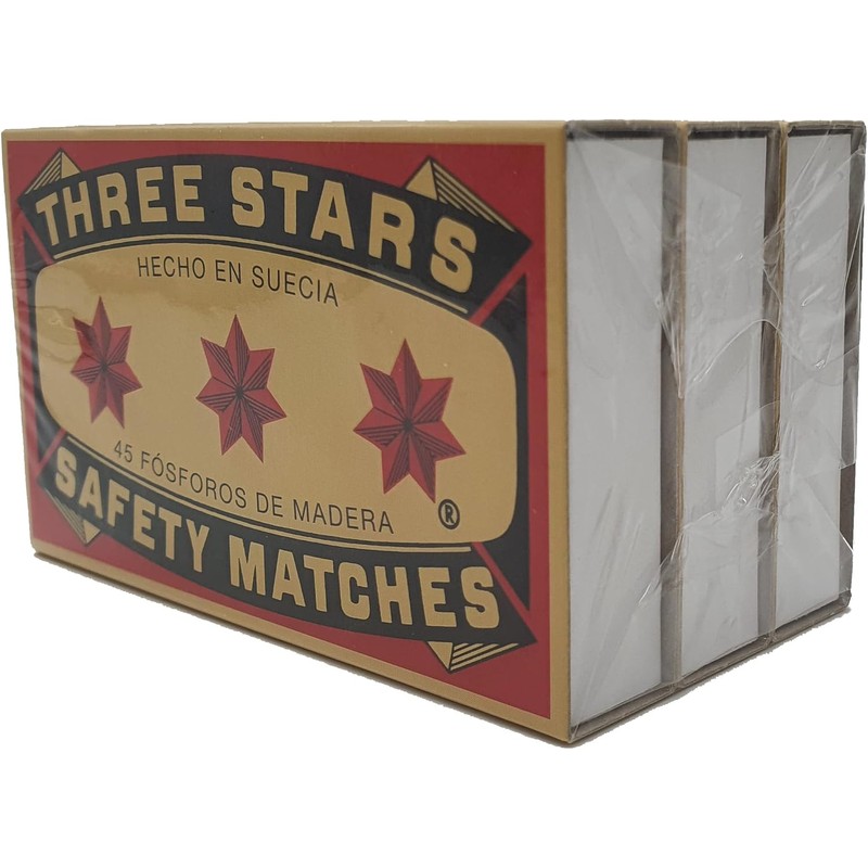 Three Stars Safety Matches, 3 Pack, Strike-On-Box