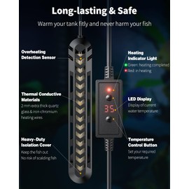 Pawfly Submersible Aquarium Heater 75 W Betta Fish Tank Heater Adjustable Electronic Heating Rod with Thermostat Overheating Protection and Protective Cover for 10-20 Gallon Fish Tanks