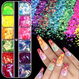 Kikonoke Iridescent Glitter Nail Sequins 12 Colors Ice Slag Chunky Glitter Flakes Holographic Irregular Mermaid Nail Glitter Transparent Laser Nail Decorations for Women Girls Nail Art Design