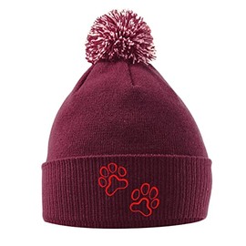 Purple Print House Red Paw Outlines Hat - Bobble Beanie Hat - Cat and Dog Owner Gifts for Girls - Winter Beanie Hat with Cute Cat or Dog Paws Embroidered On The Front, One Size, Maroon