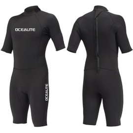 Ocealite Men's 3mm Shorty Wetsuit Neoprene Back Zip Diving Suit Flatlock Stitch Lightweight Surfing Snorkeling Paddleboarding Swim Suit with Lycra Trim Key Pocket (Mens 3mm Black, X-Large)