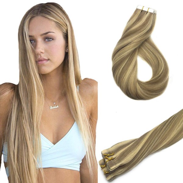GOO GOO 20pcs 50g Human Hair Extensions Tape in Remy Light Blonde Mixed Golden Blonde Ombre Tape in Hair Extensions Straight Natural Hair Extensions 16inch
