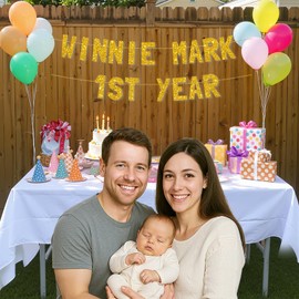 Meowoo Winnie Mark 1st Year Banner, 7.7-Inch Glitter Letters, Easy to Assemble Gold Party Decoration, Perfect for Milestone Celebrations