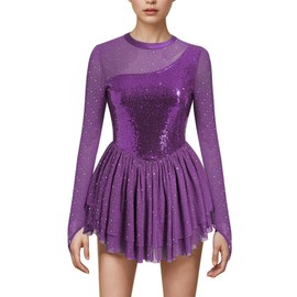 AFAVOM Sequin Figure Skating Dress for Women Girls Long Sleeve Mesh Rhinestone Ice Skating Dress Glitter Asymmetrical Chiffon Skirt Shiny Ballet Lyrical Costume for Competition Performance Purple XL