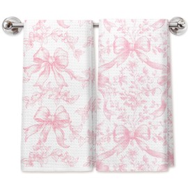 PIUD Coquette Pink Chinoiserie Bow Kitchen Dish Towels Set of 2, Preppy Pink Floral Girly Hand Towels for Bathroom Decor, Coquette Preppy Bathroom Decor, 16x24 Inch