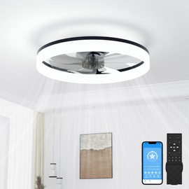 VOLISUN Low Profile Ceiling Fans with Lights and Remote, Bladeless Ceiling Fan with Light Flush Mount, No Assembly, 3000K-6500K Dimmable, Black Fandelier Ceilings Fans with Lights for Bedroom