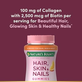 Nature's Bounty Optimal Solutions Hair, Skin & Nails with Biotin and Collagen, Citrus-Flavored Gummies Vitamin Supplement, 2500 mcg, 80 Ct, 40 Total S