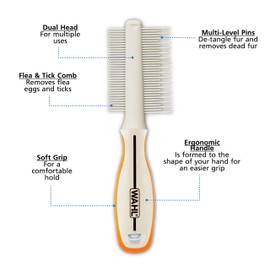 WAHL Premium Flea, Hair Pick, & Finishing Comb with Ergonomic Grips for Dog Grooming, Brushing, Detangling, and Flea Removal – Model 858503