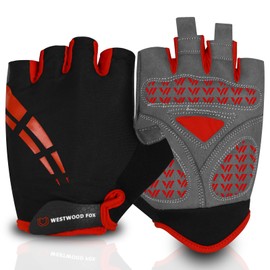 WESTWOOD FOX Cycling Gloves for Men Women,Half Finger Unisex Gel Padded Anti-Slip Mountain Bike Gloves, Breathable Shock Absorption Grip Palm Bicycle Summer Riding MTB Bike Gloves (Red, L)