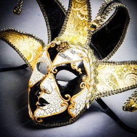 ILOVEMASKS Jester Joker Venetian Masquerade Full Face Mask with Bells - Black White