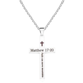 Oneress Stainless Steel Chain Necklace | Engraved Baptism Cross Pendant | Matthew 17:20 Bible Verse Jewelry | Christian Faith Necklaces for Women |Fashion Ball Bead Chain YA5186-White