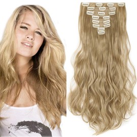 SEGO Clip In Hair Extensions 8pcs Premium Quality Synthetic Hairpieces Curly Wavy Full Head Sets 140g, 17 Inch, Ash Blonde