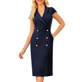 GRACE KARIN Women Work Bodycon Dresses 2025,Business Office Midi Cap Sleeve Button Pencil Formal Outfits with Pockets Navy Blue 6